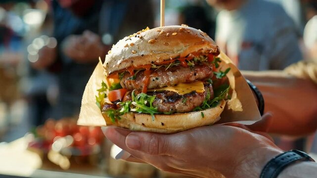 colorful, tasty meat burger with fire in background, fast food concept