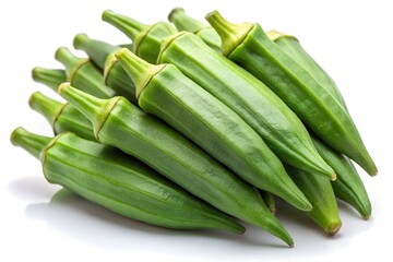 Fresh green okra pods stacked on a white reflective surface, okra, lady fingers, bhindi, vegetable, green, fresh, raw, food, healthy, ingredient, nutrition, diet, vegetarian, vegan, plant, agriculture