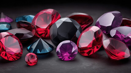 A vibrant collection of diverse gemstones including ruby red, sapphire blue, and amethyst purple gleams against a dark background showcasing their brilliance.