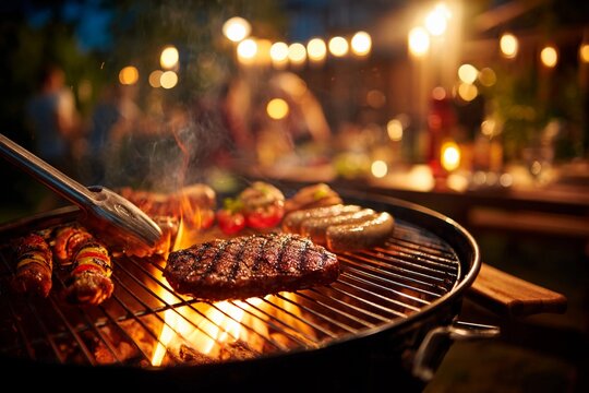 Juicy steaks, sausages, and colorful vegetables are being grilled in a backyard. Soft light bulbs illuminate the area as people enjoy a summer evening outdoors