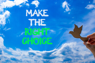 Make the right choice symbol. Concept words phrase Make the right choice on beautiful blue sky....