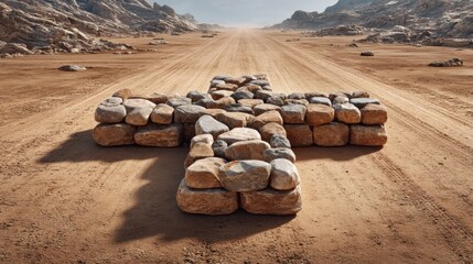 Symbolic Military Cross of Natural Stones under High Sun Shadows on Dirt Road
