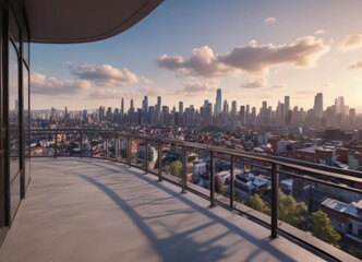Fototapeta premium Stunning city panorama from penthouse balcony , floor-to-ceiling windows, kitchen, real estate
