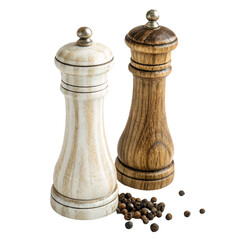 Two pepper grinders and spice isolated on transparent background