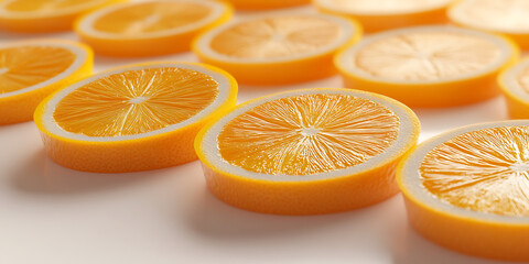 Fototapeta premium Close up of many orange slices arranged on a white surface
