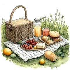 Watercolor illustration depicting a delightful outdoor picnic scene with food and a charming basket high resolution photo