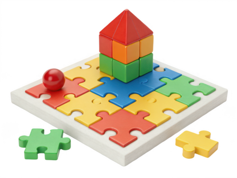 Colorful puzzle and block toy isolated on transparent background