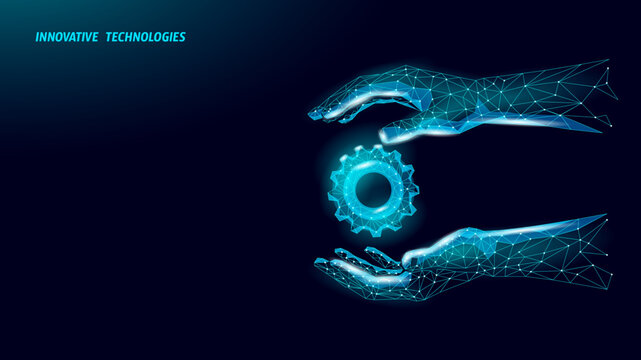 Gear mechanism held by hands. Digital polygon technology process automation solution. Engineering manufacturing innovation development concept. Dark blue background polygonal vector