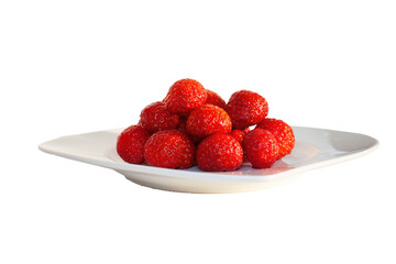 Fresh strawberries on white plate isolated on transparent background
