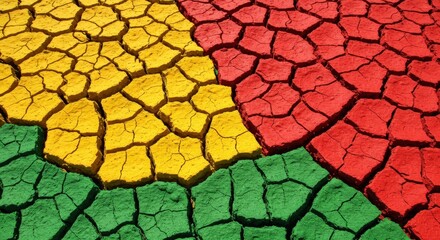 Cracked earth in vibrant yellow, red, and green patterns  