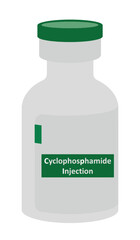 Cyclophosphamide Injection glass vial vector. Drug for chemotherapy. Treatment of lymphoma, multiple myeloma, leukemia, ovarian, breast, lung cancer, neuroblastoma and sarcoma.