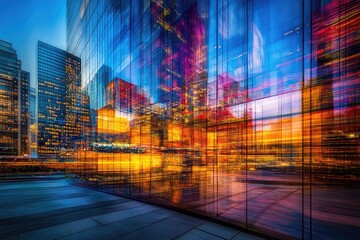 Abstract cityscape reflected in a modern glass building at twilight, showcasing vibrant colors and urban energy.
