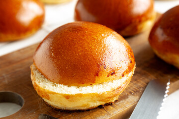 Homemade Brioche Buns Ready to Eat, side view. Close-up.