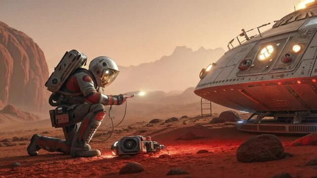 Astronaut repairing spaceship on mars surface exploration space travel future technology concept art