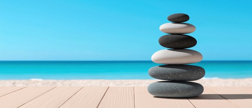 A stack of seven pebbles in black, white, and gray sits on a wooden board against a backdrop of a blue ocean and sky.