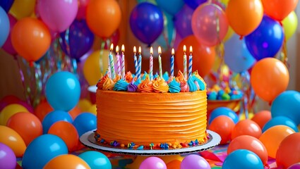 Vibrant orange birthday cake surrounded by colorful balloons