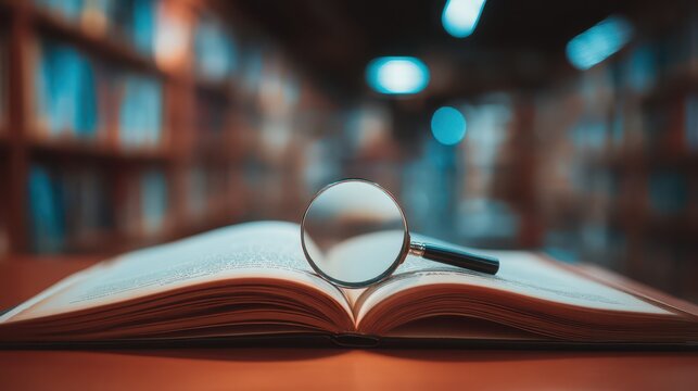 Open book with magnifying glass in a library setting, showcasing knowledge exploration, learning, reading habits, and literary pursuit in a cozy atmosphere