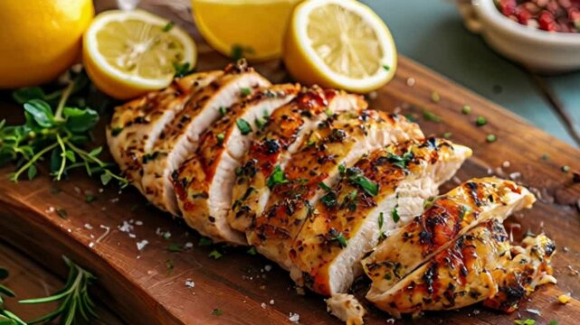 Lemon garlic chicken sliced on a board.