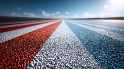 Vibrant Red, White, and Blue Diagonal Chalk Stripes on Pavement Surface