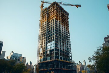 Skyscraper Construction Reaching Skyward with Tower Crane Agains