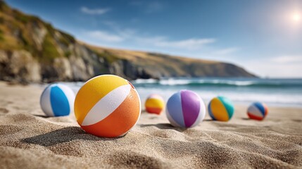 Obraz premium Beach Fun - Colorful Beach Balls Scattered on Sandy Shore with Sunlit Reflections