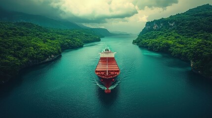 Cargo ship navigating tropical strait, lush greenery