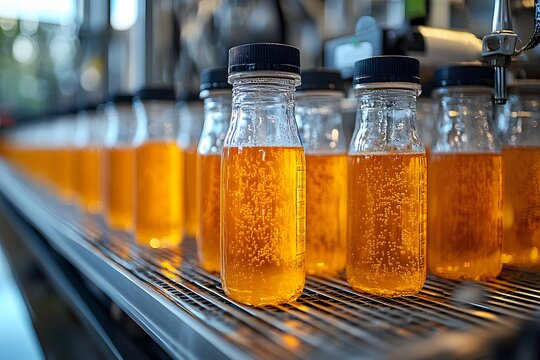 Sparkling Bottles of Amber Liquid on Production Line, Close-Up V