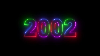 Abstract 2002 neon text animation ,Four rainbow color neon Glowing number text background 4k video. abstract glowing neon text icon 2002 on black background.