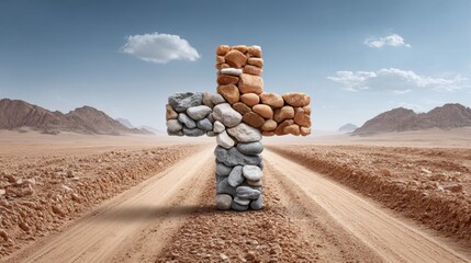Memorial Military Cross of Natural Stones on Dirt Road in Harsh Sunlight Shadows