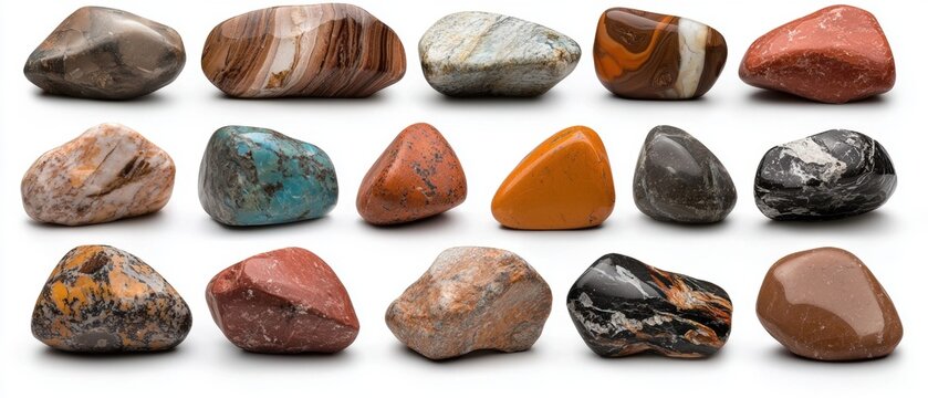 A collection of 15 unique gemstones, each with its own distinct color and pattern, arranged in a 5x3 grid.