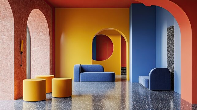 Artistic colorful modern interior design with blue sofas yellow stools and unique archways and