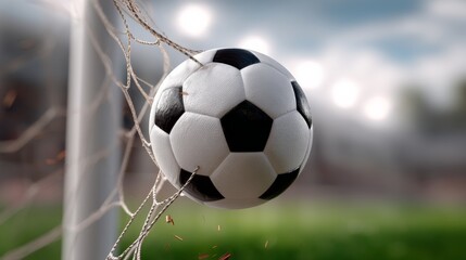 Fototapeta premium Soccer ball is stuck in a net