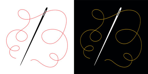 Sewing needle and thread icon. Attribute of tailor, needlework or seamstress. Symbol of sewing, fabric or factory.