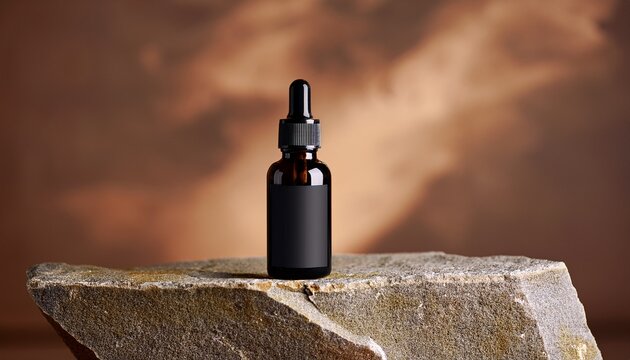 skincare dropper black bottle with blank label brown stone background mockup product photography supplement elixir extract