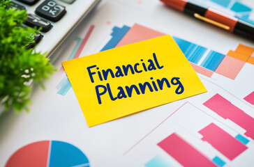Financial planning concept with charts, calculator, and handwriting on sticky note