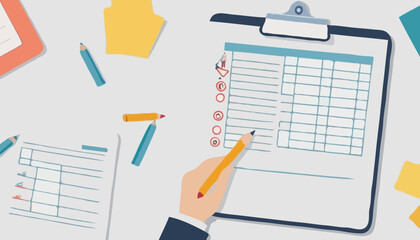 Checklist to complete project task, accomplish work checkmark, todo list clipboard or project status report, plan to finish work concept, business people holding pencil complete task checkbo