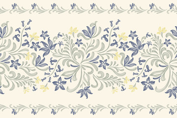 Vintage floral ethnic tapestry modern embroidery texture boho design vector illustration hand drawn silhouette indigo blue flower motif branches leaves wallpaper seamless background border.