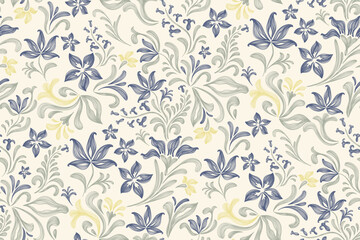 Vintage floral ethnic tapestry modern embroidery texture boho design vector illustration hand drawn silhouette indigo blue flower motif branches leaves wallpaper seamless background border.