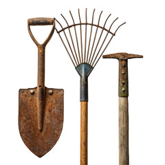 Old rusted gardening tools isolated on transparent background