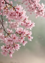 Delicate pink sakura petals drift on a softly blurred spring background ,  pink,  tranquility