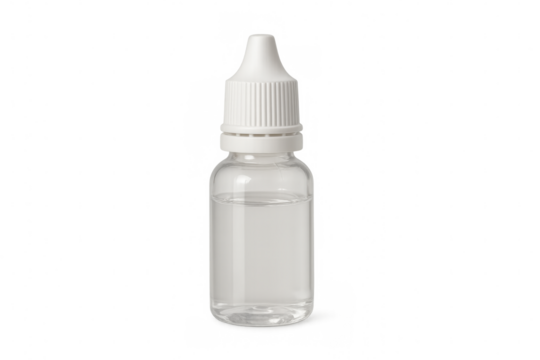 Medical plastic bottle dispensing clear liquid, transparent packaging, healthcare product isolated on transparent background