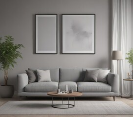 Chic grey sofa, framed prints, minimalist living room  ,  grey,  apartment