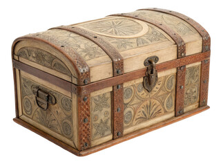Decorated wooden treasure box isolated on transparent background