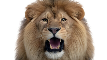 Angry lion baring teeth mid-roar, detailed mane flying, isolated on white background