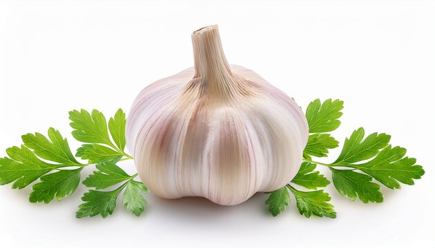 garlic and parsley leaves isolated on white background