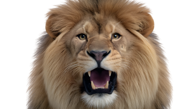 Angry lion baring teeth mid-roar, detailed mane flying, isolated on white background