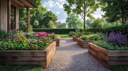 Cottage garden path, raised beds, flowers, sunlit