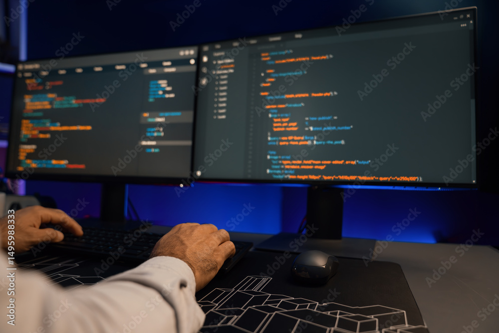 Poster cropped hands typing on keyboard of it developer's data software development on pc, creating applica