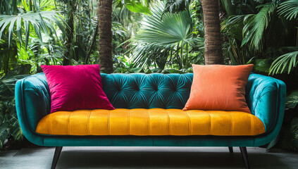 Colorful Throw Pillows and Cozy Sofa Interiors – Modern Home Decor Photography. AI generative.