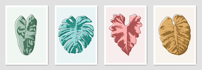 Botanical wallpaper art vector set. Abstract leaf line drawing shape of Philodendron burl-marxii giganteum, Monstera, Alocasia fornicata. Pastel tones of green, blue, red, yellow. Vector illustration. © 100yDesign